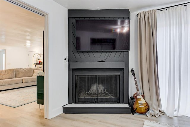 details with baseboards, wood finished floors, and a fireplace
