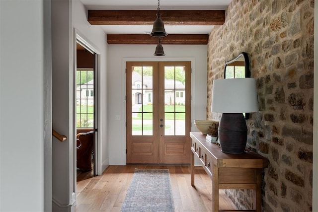 6509 NE 97th St, Oklahoma City, OK 73151 - entryway with french doors, light wood-style floors, beamed ceiling, and plenty of natural light