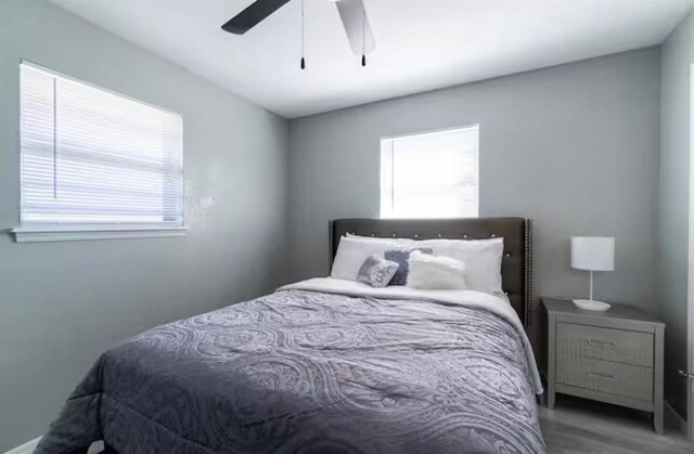 bedroom featuring a ceiling fan, wood finished floors, and multiple windows