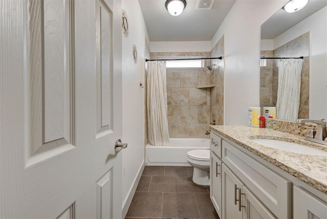 9600 Sultans Water Way, Yukon, OK 73099 - bathroom featuring toilet, vanity, shower / tub combo, tile patterned flooring, and baseboards