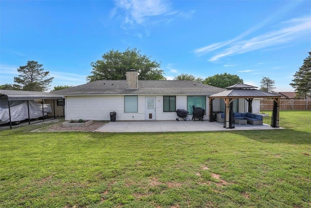 20428 E County Road 1567, Altus, OK 73521 - rear view of house with a gazebo, a patio area, an outdoor living space, and a chimney
