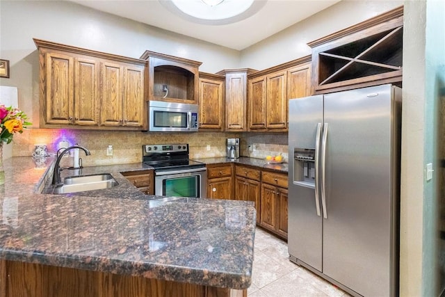1904 Timber Xing, Yukon, OK 73099 - kitchen featuring brown cabinets, stainless steel appliances, a sink, and a peninsula
