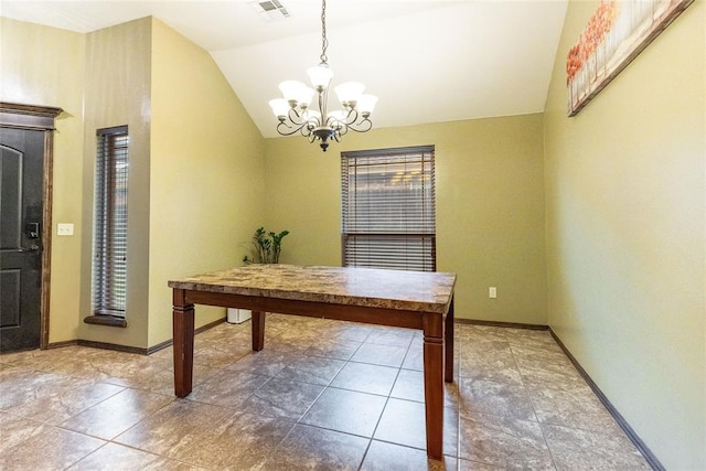 1904 Timber Xing, Yukon, OK 73099 - home office featuring baseboards, a notable chandelier, lofted ceiling, and visible vents
