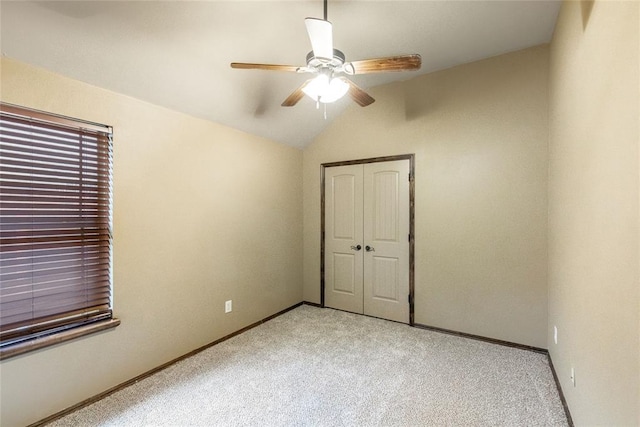 1904 Timber Xing, Yukon, OK 73099 - unfurnished bedroom featuring ceiling fan, light colored carpet, baseboards, lofted ceiling, and a closet