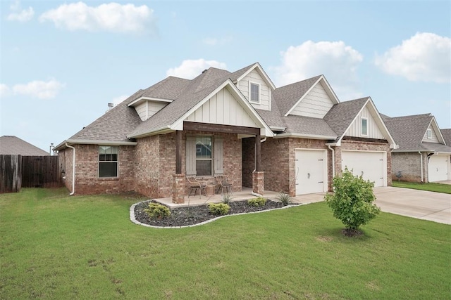 craftsman inspired home with board and batten siding, brick siding, fence, concrete driveway, and an attached garage