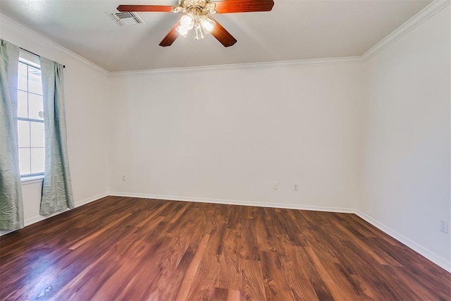10601 Songbird Ln, Oklahoma City, OK 73130 - unfurnished room with crown molding, a ceiling fan, visible vents, and dark wood-type flooring
