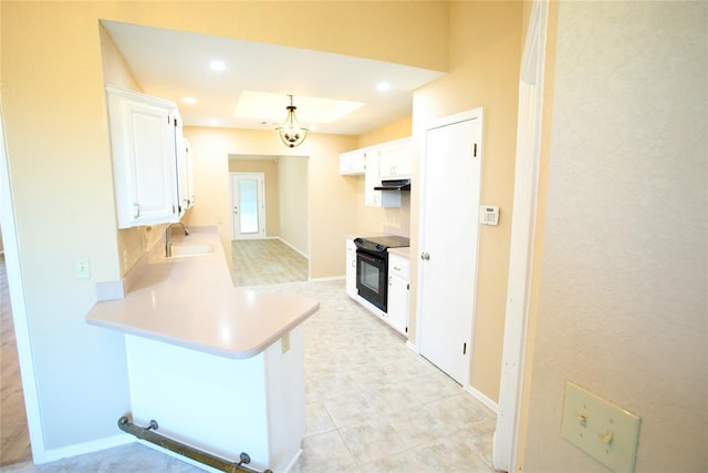 kitchen featuring a sink, light countertops, a peninsula, white cabinetry, and black range with electric cooktop