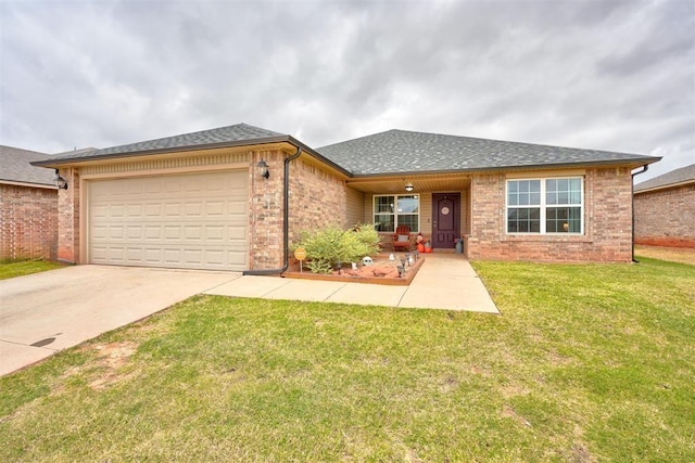 ranch-style house with concrete driveway, brick siding, a front lawn, and a garage