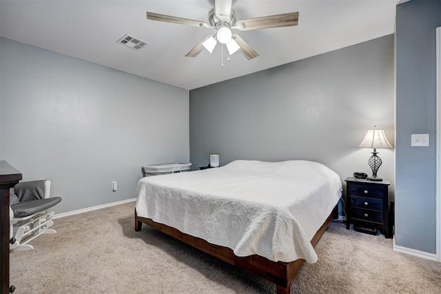 bedroom featuring visible vents, carpet, ceiling fan, and baseboards