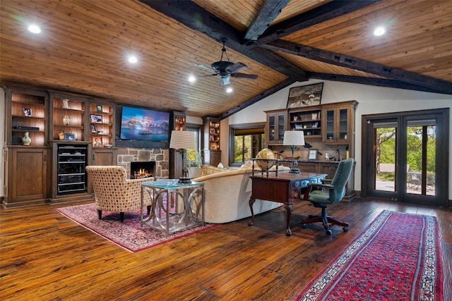 2203 E Wilshire Blvd, Oklahoma City, OK 73111 - living area featuring wood ceiling, dark wood-style floors, ceiling fan, a fireplace, and recessed lighting