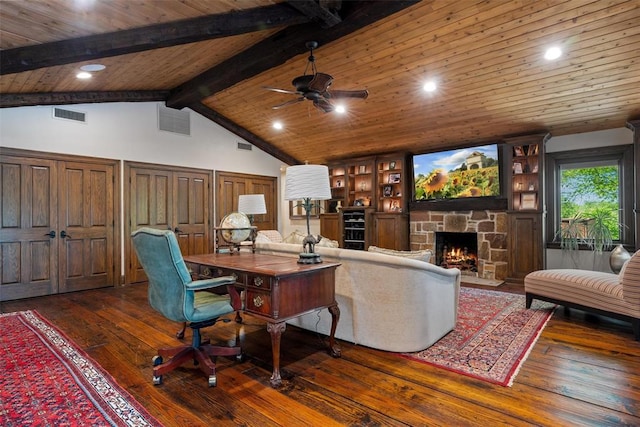 2203 E Wilshire Blvd, Oklahoma City, OK 73111 - home office with dark wood-style flooring, beam ceiling, a fireplace, a ceiling fan, and high vaulted ceiling