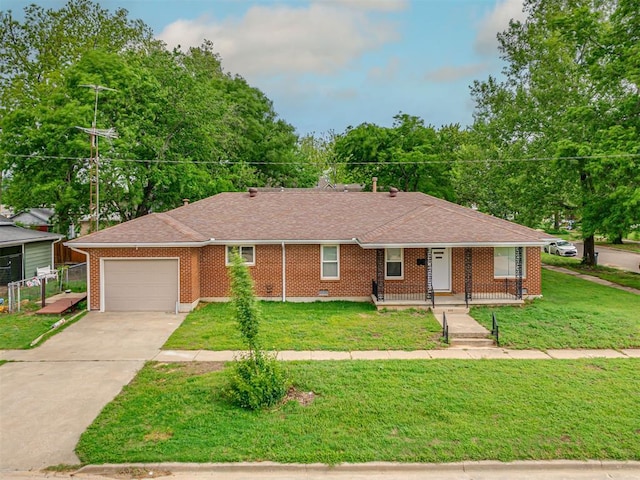 single story home with an attached garage, concrete driveway, a porch, and a front lawn