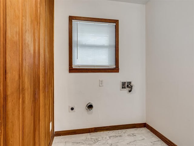 washroom featuring laundry area, marble finish floor, baseboards, hookup for a washing machine, and electric dryer hookup