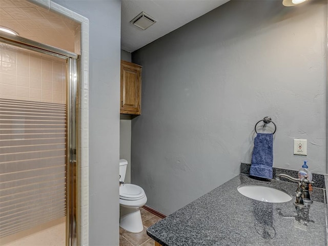 bathroom with tile patterned flooring, vanity, toilet, visible vents, and a stall shower