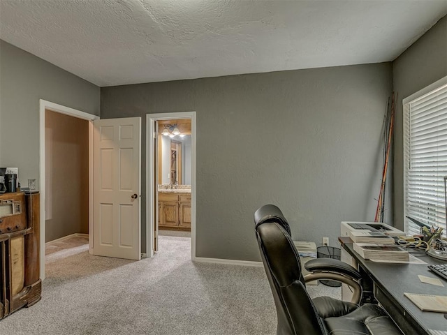 office space featuring a textured ceiling, baseboards, and light colored carpet