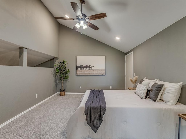 carpeted bedroom featuring recessed lighting, baseboards, vaulted ceiling, and ceiling fan