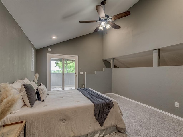 bedroom featuring lofted ceiling, baseboards, ceiling fan, access to outside, and carpet flooring