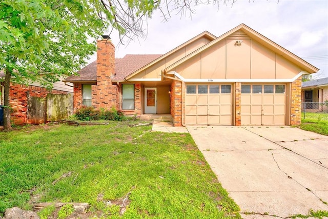 ranch-style house featuring brick siding, a garage, fence, and concrete driveway