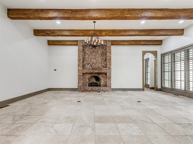 unfurnished living room featuring arched walkways, beamed ceiling, recessed lighting, and a chandelier
