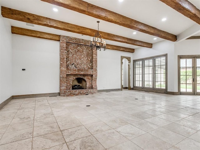 unfurnished living room featuring recessed lighting, beam ceiling, and a notable chandelier