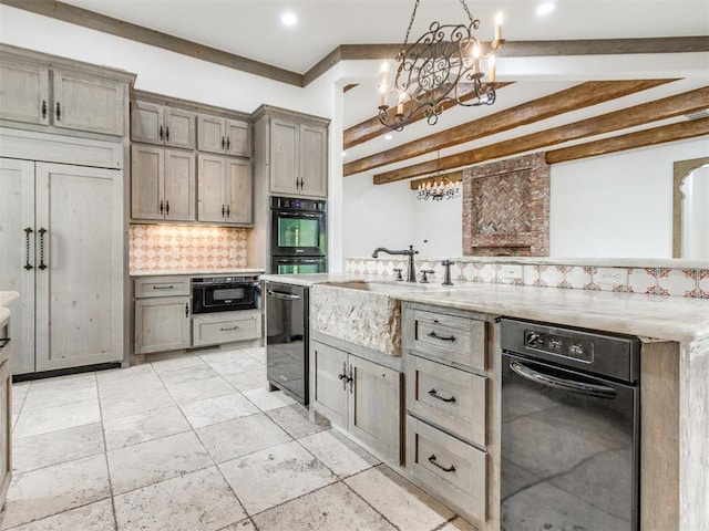 kitchen with decorative backsplash, recessed lighting, light stone counters, a sink, and dishwasher