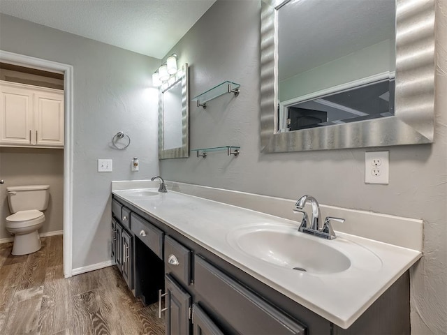 bathroom with a sink, double vanity, toilet, and wood finished floors
