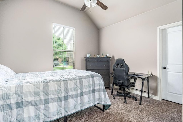 bedroom featuring carpet floors, ceiling fan, and vaulted ceiling