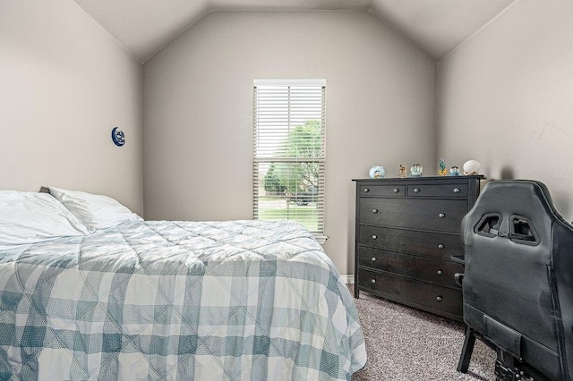 bedroom featuring baseboards, carpet, and lofted ceiling
