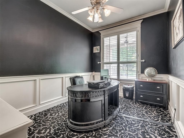 3125 Cumberland Dr, Edmond, OK 73034 - office space featuring a decorative wall, crown molding, a wainscoted wall, and ceiling fan