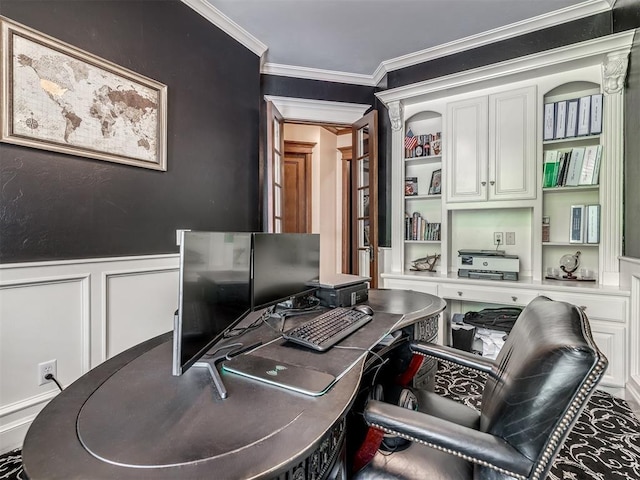 3125 Cumberland Dr, Edmond, OK 73034 - office space featuring a decorative wall, crown molding, a wainscoted wall, and built in shelves