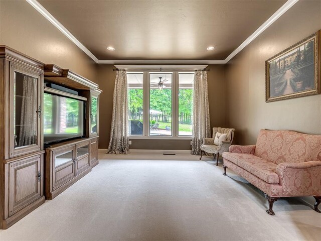 3125 Cumberland Dr, Edmond, OK 73034 - living area with crown molding, carpet floors, baseboards, and recessed lighting