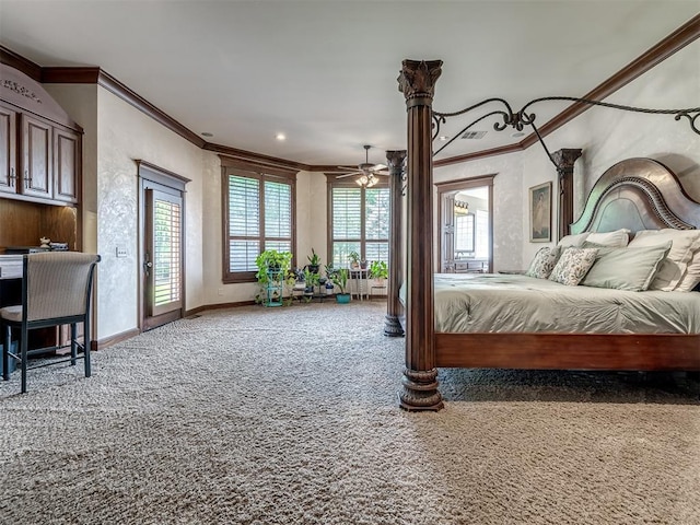 3125 Cumberland Dr, Edmond, OK 73034 - carpeted bedroom with ornamental molding, access to exterior, baseboards, and recessed lighting