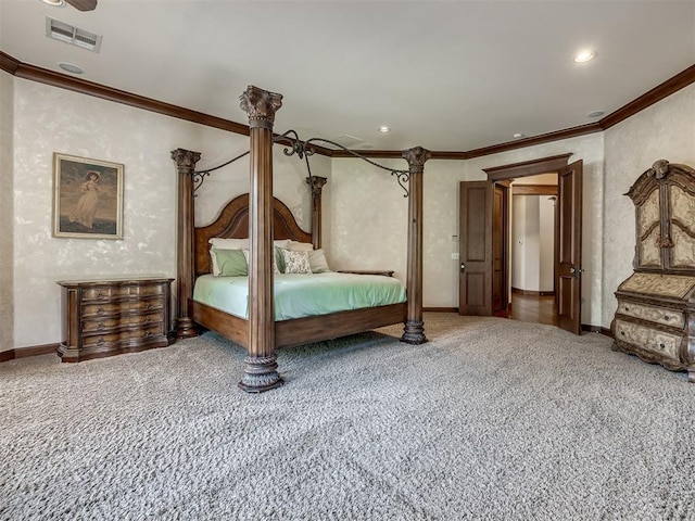 3125 Cumberland Dr, Edmond, OK 73034 - carpeted bedroom with crown molding, baseboards, and recessed lighting