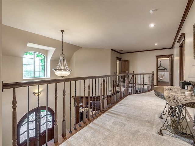 3125 Cumberland Dr, Edmond, OK 73034 - corridor with recessed lighting, ornamental molding, and an upstairs landing