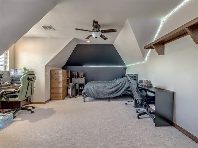 3125 Cumberland Dr, Edmond, OK 73034 - carpeted bedroom with an office area, baseboards, vaulted ceiling, and a ceiling fan