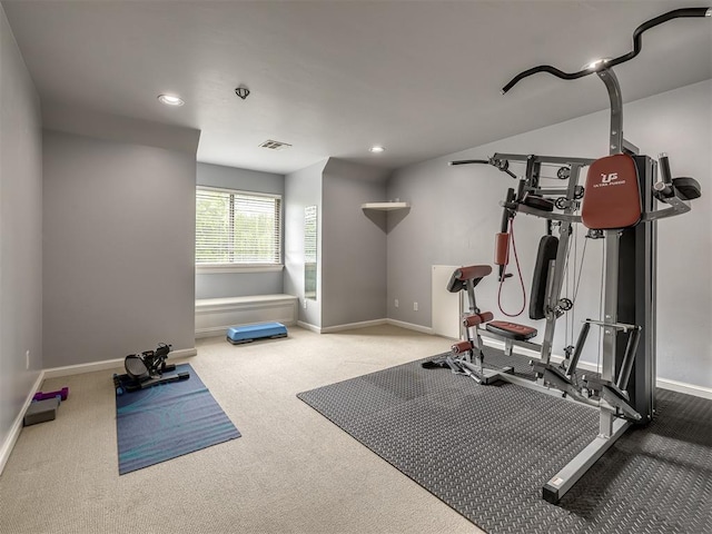 3125 Cumberland Dr, Edmond, OK 73034 - exercise room with baseboards, carpet floors, and recessed lighting
