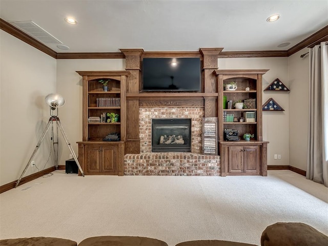3125 Cumberland Dr, Edmond, OK 73034 - carpeted living room with crown molding, baseboards, a brick fireplace, and recessed lighting