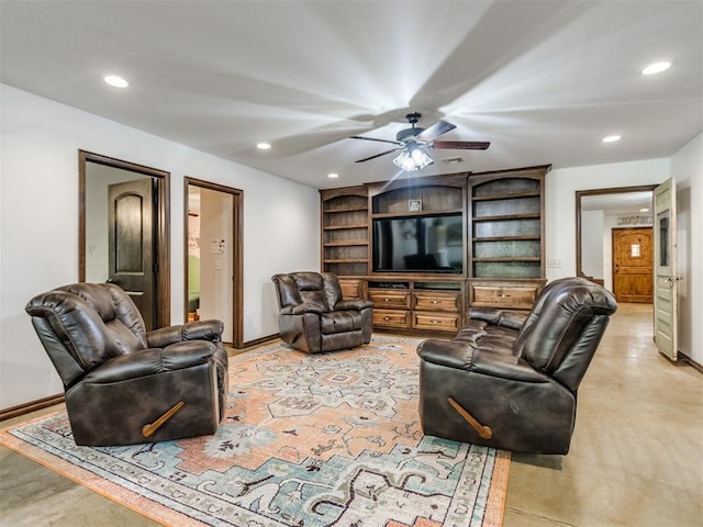 living area with recessed lighting, baseboards, and ceiling fan