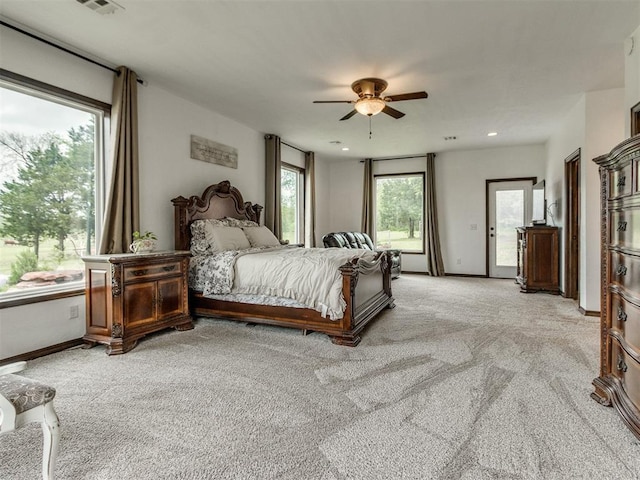 bedroom with baseboards, light colored carpet, access to outside, recessed lighting, and a ceiling fan