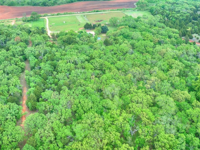 birds eye view of property featuring a forest view