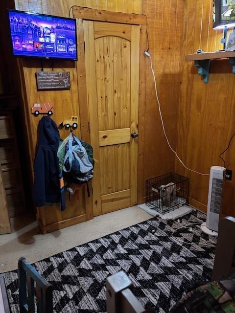 interior space featuring wooden walls and carpet flooring