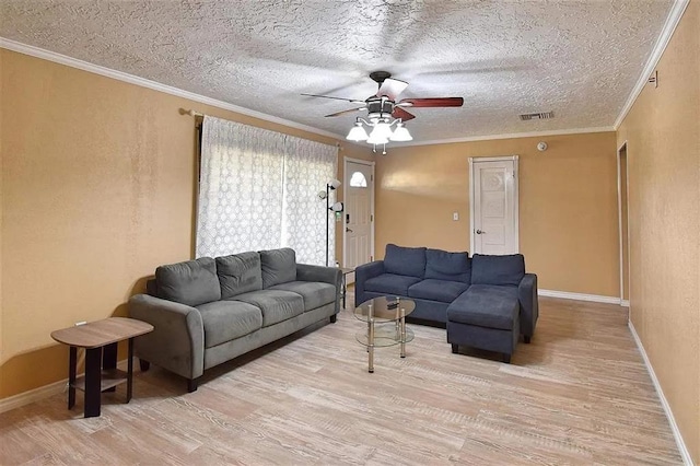 1904 NW Euclid Ave, Lawton, OK 73507 - living area with light wood finished floors, a textured ceiling, a ceiling fan, baseboards, and visible vents
