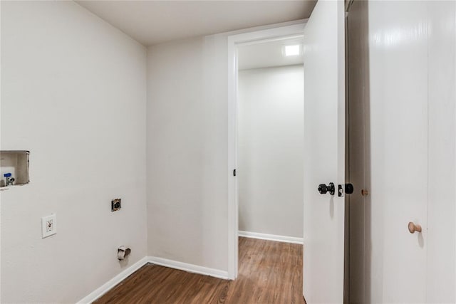 washroom featuring washer hookup, laundry area, electric dryer hookup, baseboards, and dark wood-style floors