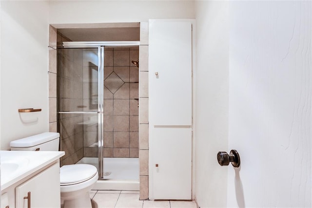 bathroom with vanity, toilet, tile patterned floors, and a stall shower