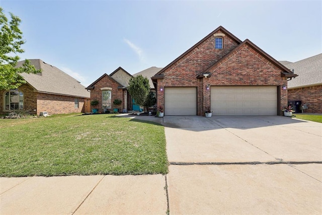 view of front of house with concrete driveway, brick siding, a front yard, and a garage