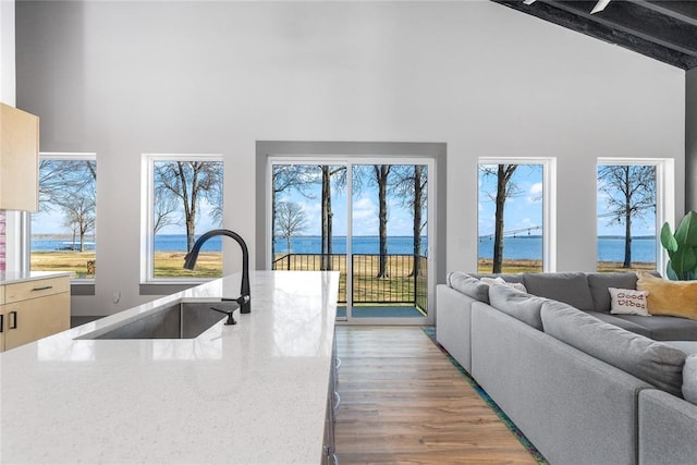 kitchen featuring wood finished floors, a sink, high vaulted ceiling, open floor plan, and a water view
