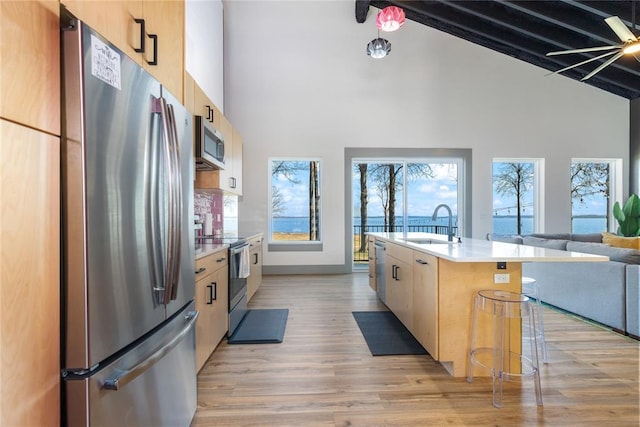 kitchen with open floor plan, high vaulted ceiling, light countertops, a sink, and stainless steel appliances