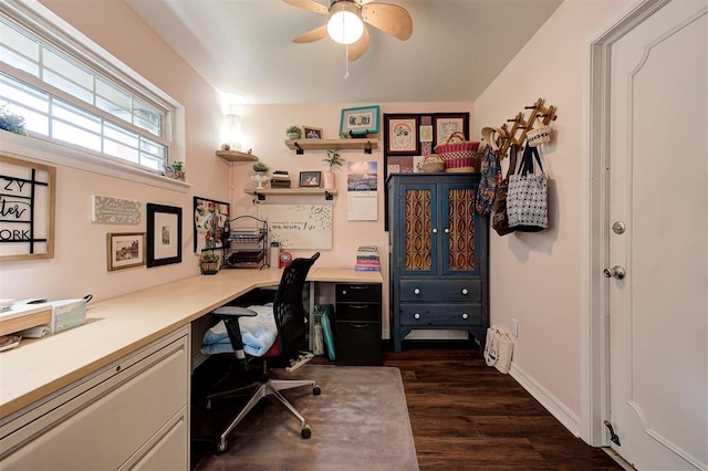 office area with a ceiling fan, built in study area, and dark wood-type flooring