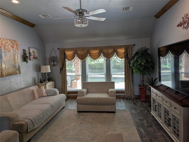 900 Walnut Pl, Norman, OK 73072 - living area featuring vaulted ceiling, dark wood finished floors, and ceiling fan
