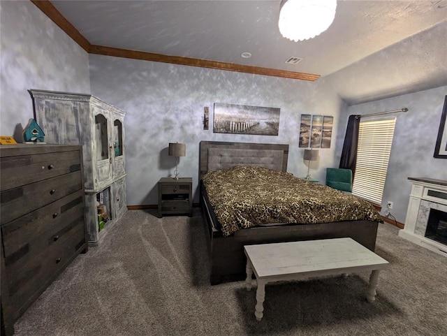 900 Walnut Pl, Norman, OK 73072 - bedroom featuring a fireplace, carpet, baseboards, and crown molding